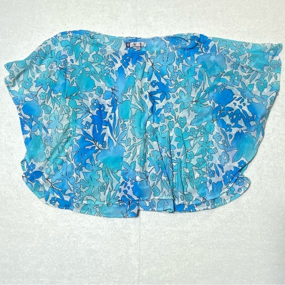Jennifer Lopez Blouse Women's L Blue Floral Semi Sheer Kimono Sleeves Flowy Top - Picture 8 of 12